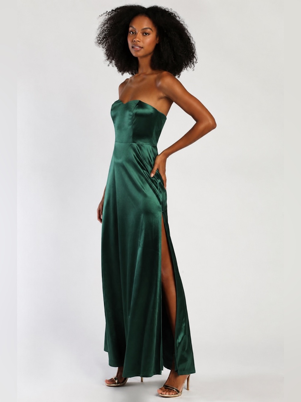 NWT Lulus Elegant Nights Emerald Green Satin Strapless Maxi Dress Lg